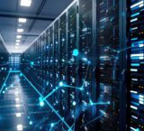 A data center corridor filled with server racks and digital network graphics.